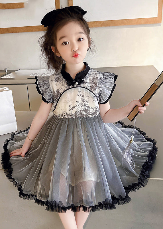 Vogue Black Stand Collar Ruffled Patchwork Tulle Kids Long Dresses Sleeveless