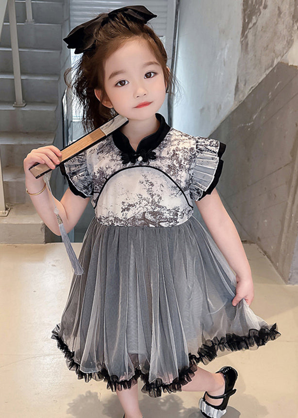 Vogue Black Stand Collar Ruffled Patchwork Tulle Kids Long Dresses Sleeveless