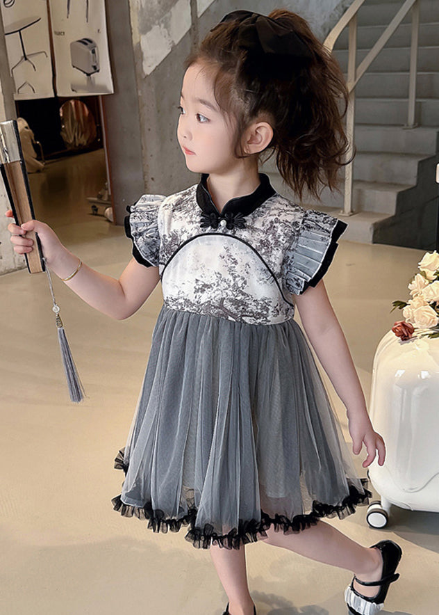 Vogue Black Stand Collar Ruffled Patchwork Tulle Kids Long Dresses Sleeveless