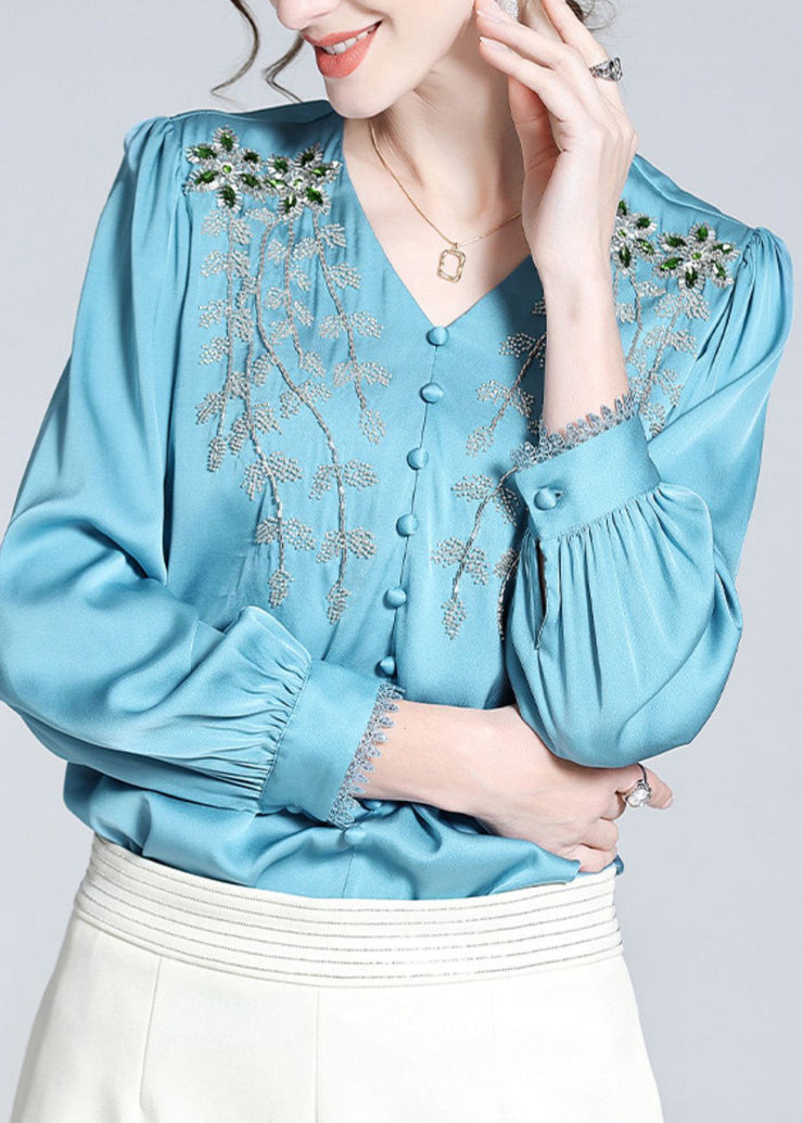 Vogue Blue V Neck Embroideried Button Nail Bead Silk Top Long Sleeve