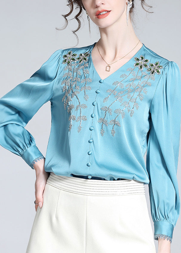 Vogue Blue V Neck Embroideried Button Nail Bead Silk Top Long Sleeve