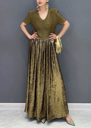 Vogue Gold V Neck Sequins Long Dresses Summer