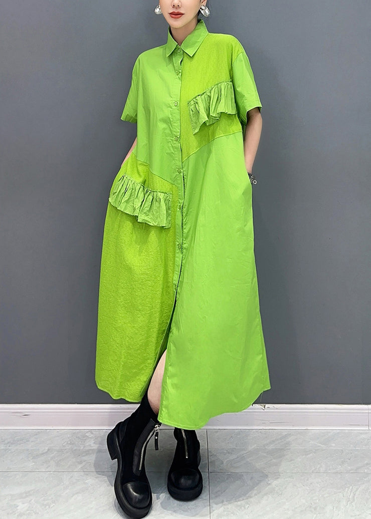 Vogue Green Peter Pan Collar Patchwork Button Maxi Dress Summer