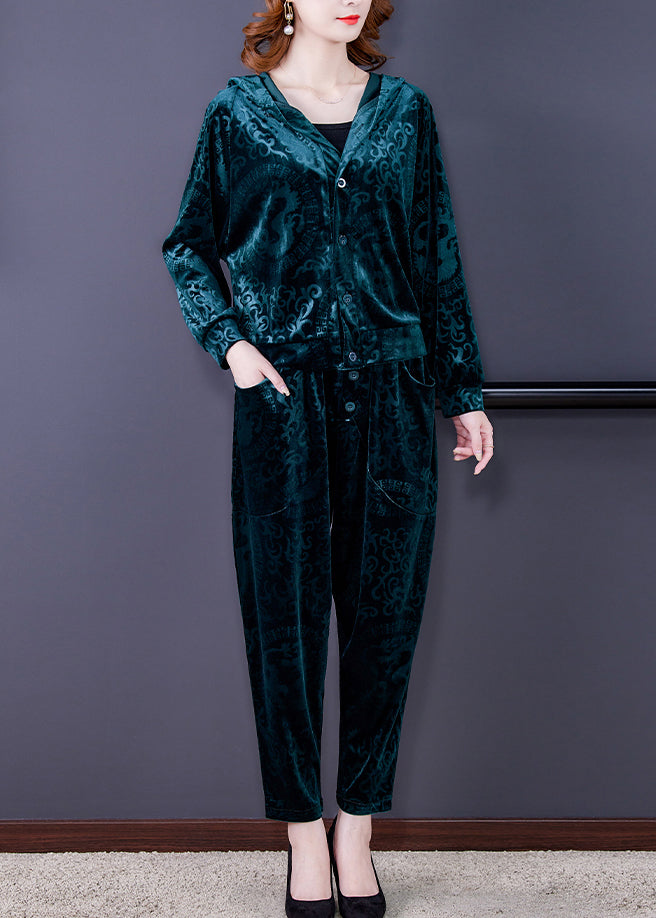 Vogue Green Print Silk Velour Hooded Coats And Harem Pants Two Pieces Set Fall