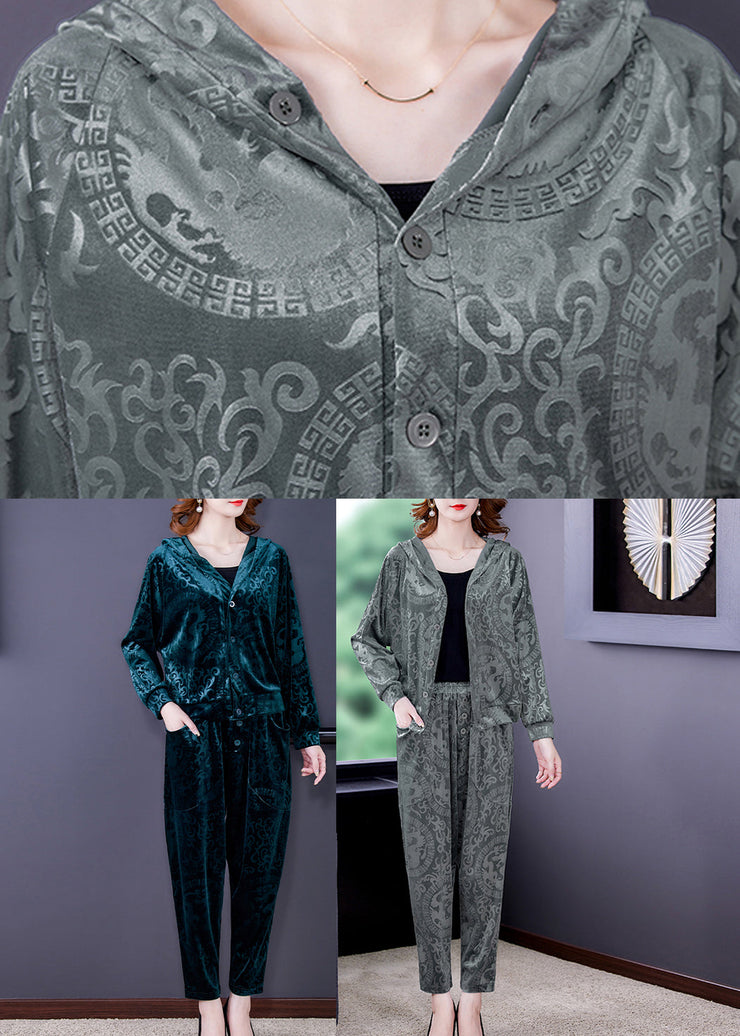 Vogue Green Print Silk Velour Hooded Coats And Harem Pants Two Pieces Set Fall