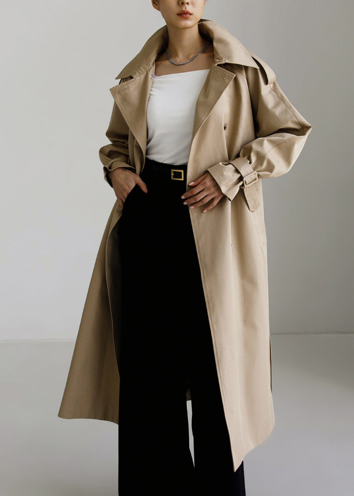 Vogue Khaki Peter Pan Collar Button Pockets Cotton Trench Coats Long Sleeve