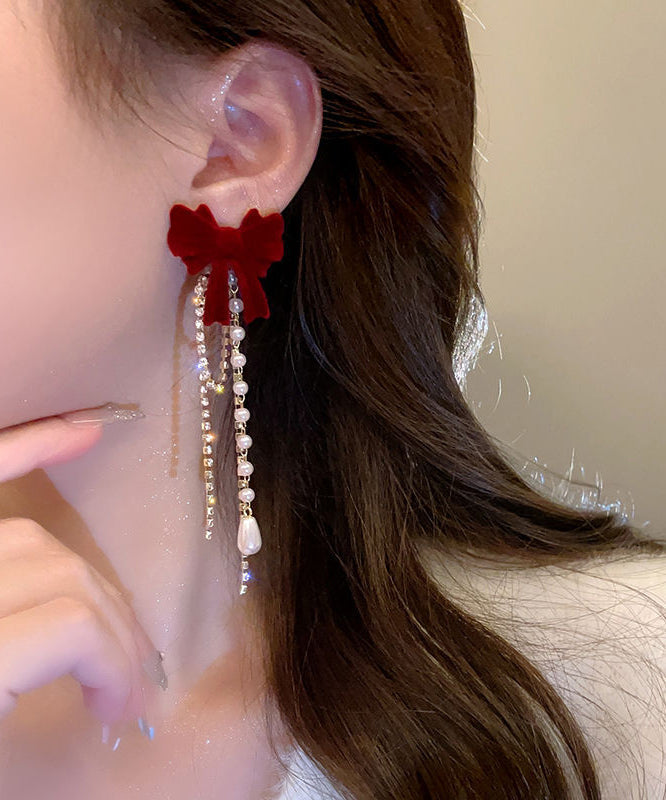 Vogue Mulberry Alloy Zircon Pearl Velvet Bow Tassel Drop Earrings