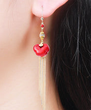 Vogue Red 14K Gold Cinnabar Ruyi Tassel Drop Earrings