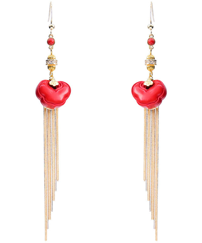 Vogue Red 14K Gold Cinnabar Ruyi Tassel Drop Earrings