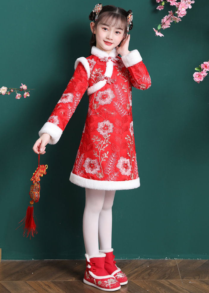 Vogue Red Embroideried Patchwork Button Warm Fleece Kids Mid Dress Long Sleeve