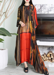 Vogue Red O-Neck Asymmetrical Print Silk Maxi Dress Summer