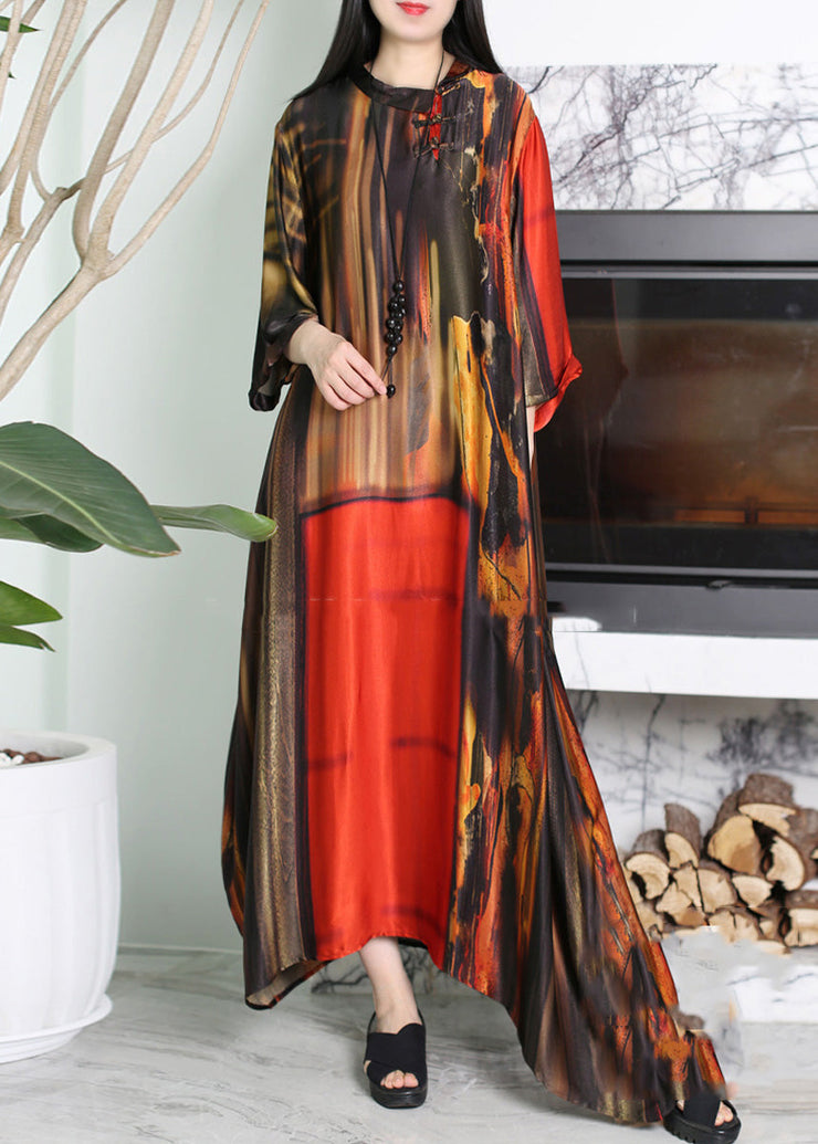 Vogue Red O-Neck Asymmetrical Print Silk Maxi Dress Summer