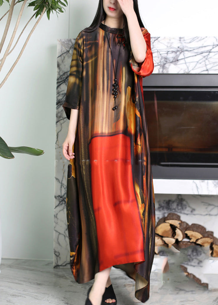 Vogue Red O-Neck Asymmetrical Print Silk Maxi Dress Summer