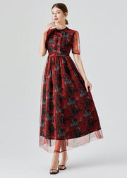 Vogue Red Ruffled Print Patchwork Tulle Long Dress Summer