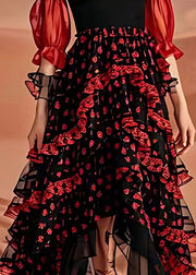 Vogue Red Ruffled Tulle Patchwork Chiffon Long Dresses Long Sleeve