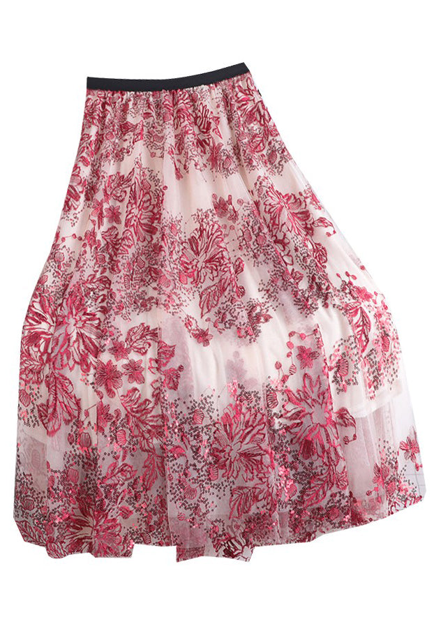 Vogue Red Sequins Embroideried Floral High Waist Tulle Skirt Summer