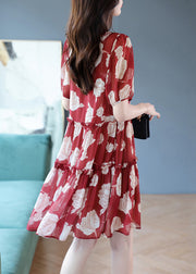 Vogue Red V Neck Print Ruffled Wrinkled Chiffon Mid Dresses Short Sleeve