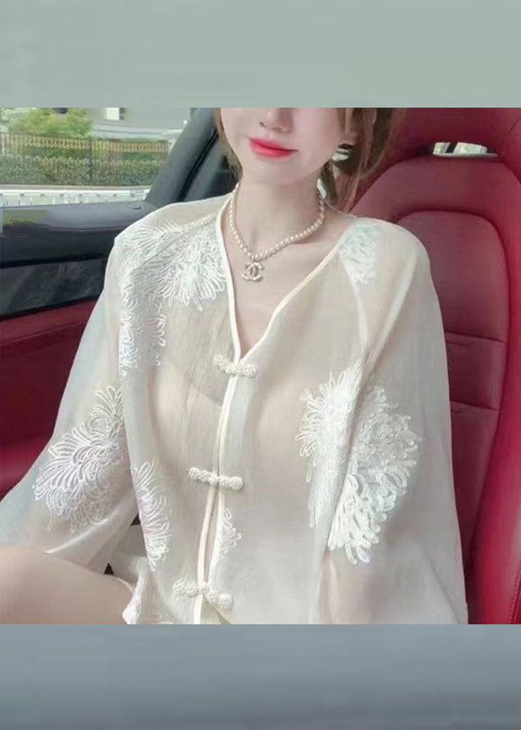 Vogue White Embroideried Button Chiffon UPF 50+ Shirt Fall