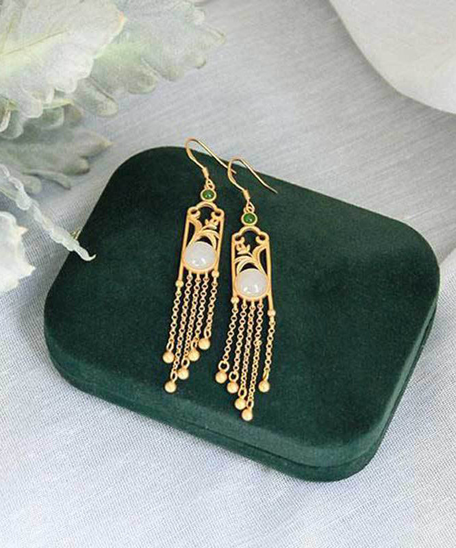 Vogue White Tassel Gold Plated Inlaid Hetian Jade Drop Earringss