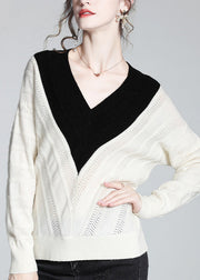 Vogue White V Neck Thick Patchwork Woolen Sweaters Spring