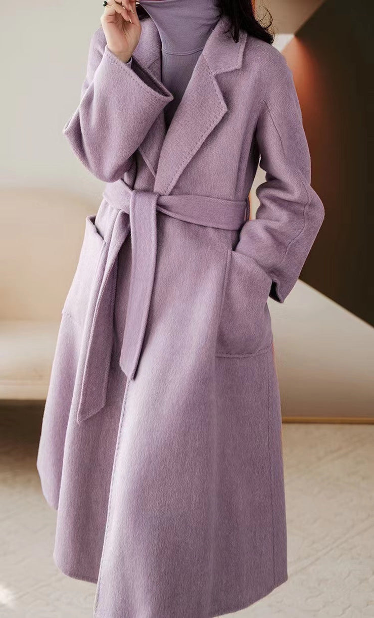 Luxy Lavender Silk Wool Blended Trench Overcoat Woolen Coat Winter