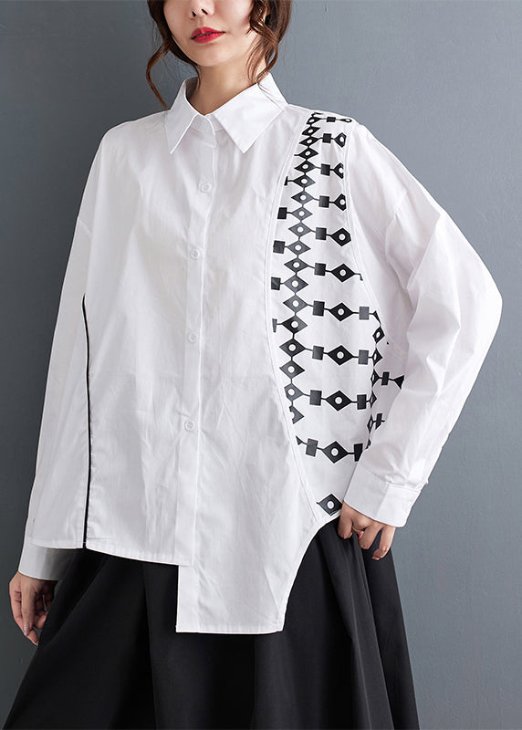 White Button Cotton Blouse Peter Pan Collar Long Sleeve