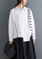 White Button Cotton Blouse Peter Pan Collar Long Sleeve