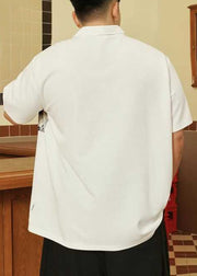 White Button Cotton Men T Shirts Peter Pan Collar Short Sleeve