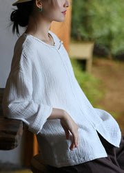 White Button Patchwork Cotton Top O Neck Long Sleeve