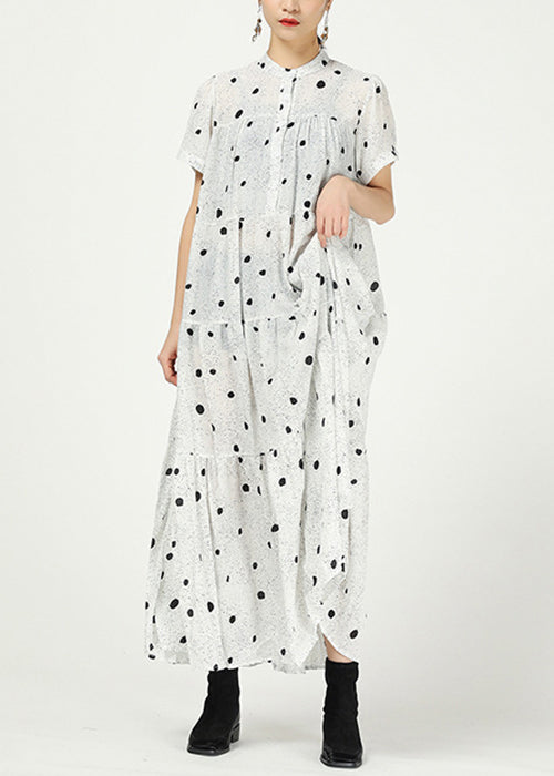 White Button Print Cotton Long Dress Stand Collar Summer