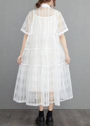 White Button Tulle Two Pieces Set Peter Pan Collar Summer