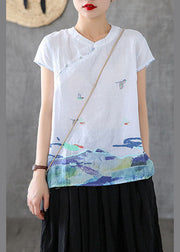 White Chinese Style Cotton Tank Embroidered Stand Collar Short Sleeve