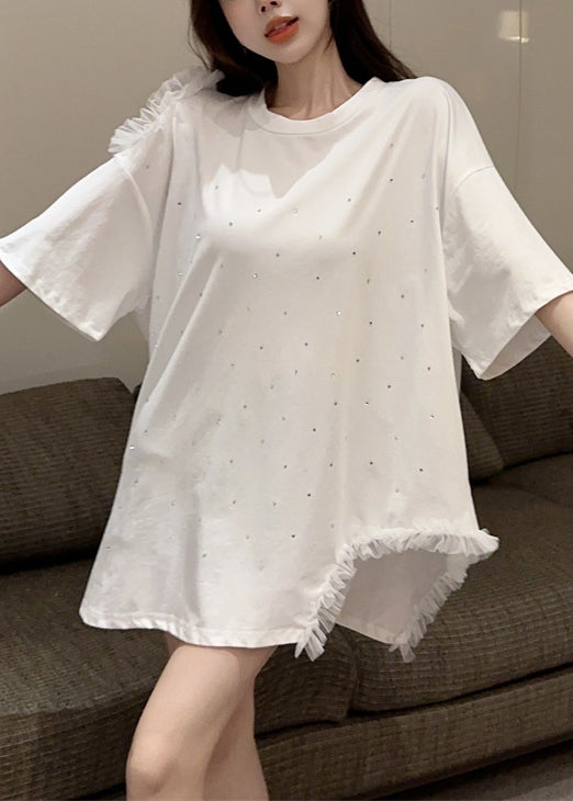 White Cold Shoulder Cotton Tops Asymmetrical Short Sleeve