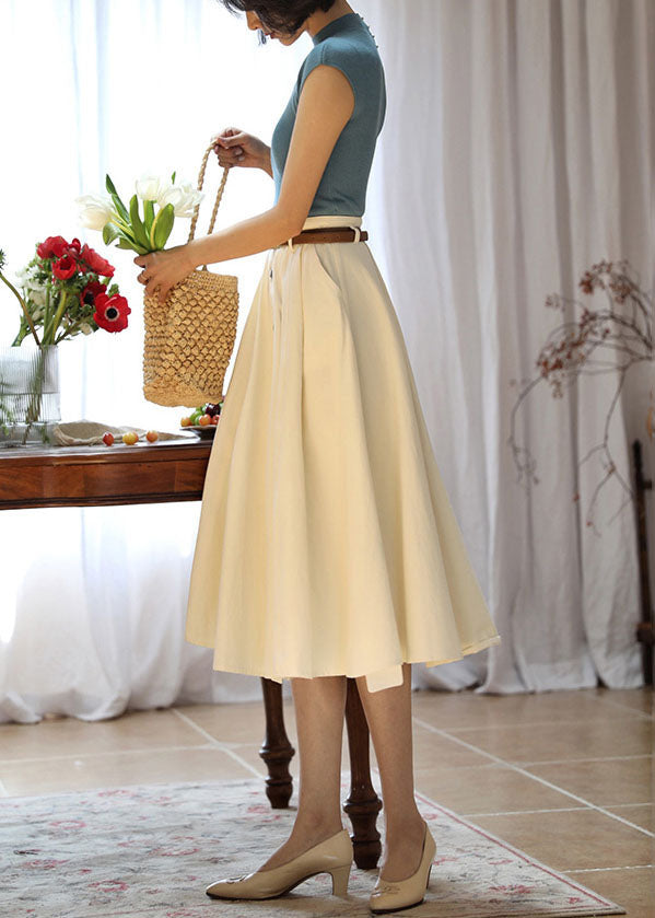 White Cotton Holiday Skirt High Waist Single Breasted Spring