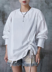 White Cotton Loose Sweatshirt Oversized Drawstring Summer