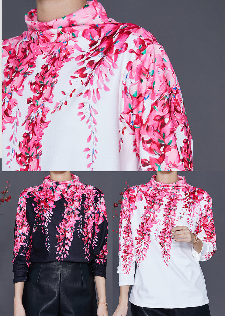 White Cotton Shirt Turtle Neck Floral Print Spring