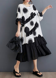 White Dot Print Patchwork Loose Chiffon Dress Ruffled Summer