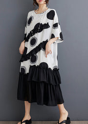 White Dot Print Patchwork Loose Chiffon Dress Ruffled Summer