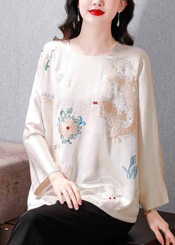 White Draping Silk Blouses Embroidered Spring