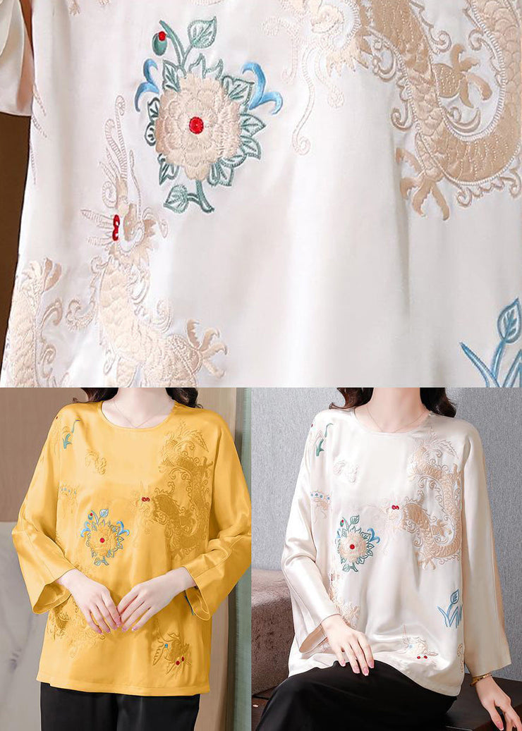 White Draping Silk Blouses Embroidered Spring