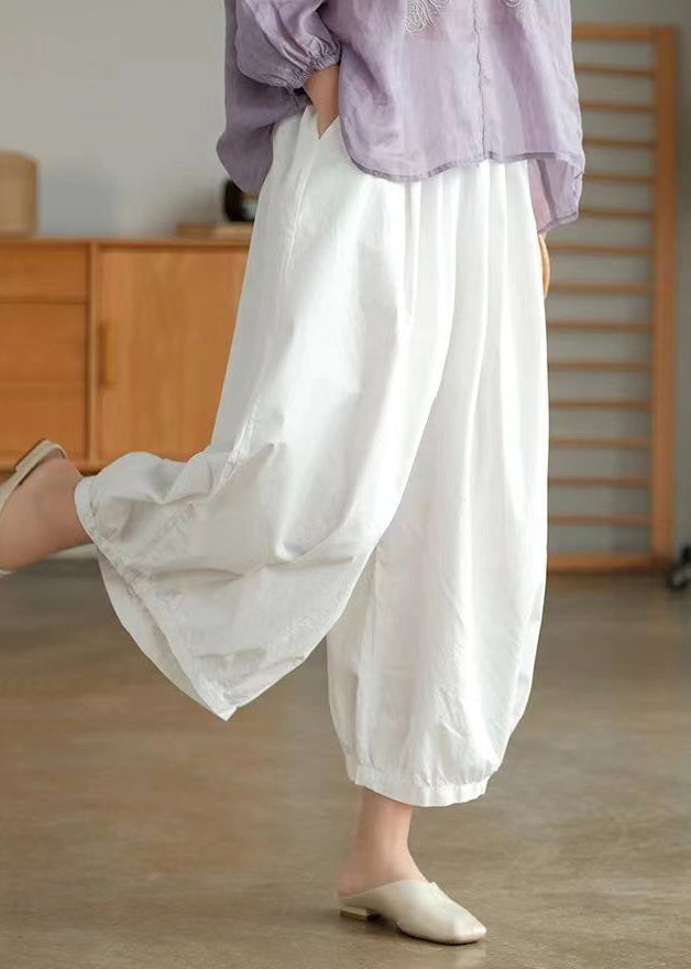 White Elastic Waist Cotton Crop Wide Leg Pants