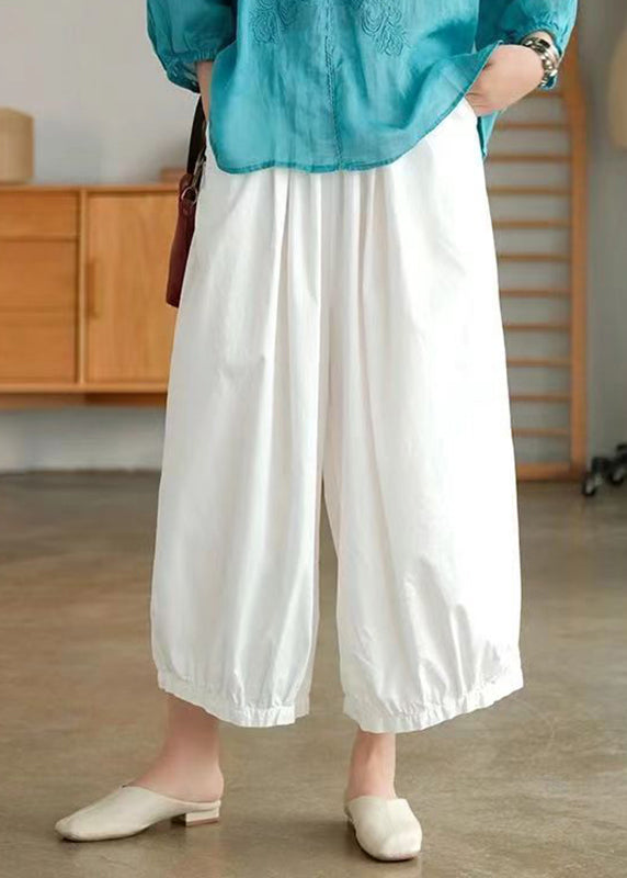 White Elastic Waist Cotton Crop Wide Leg Pants