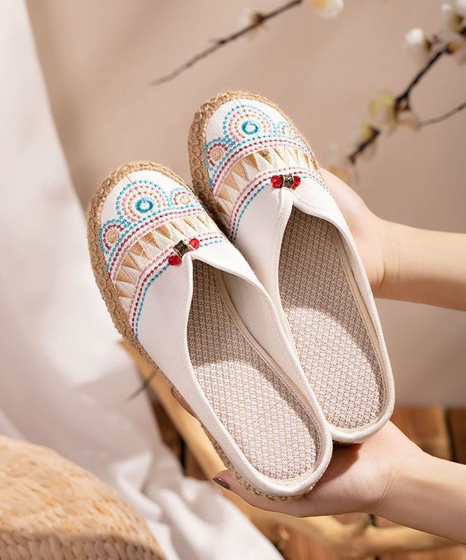 White Embroideried Slide Sandals Retro Splicing Linen Fabric