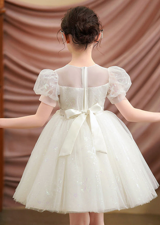 White Embroideried Tulle Baby Girls Party Dress Puff Sleeve Summer