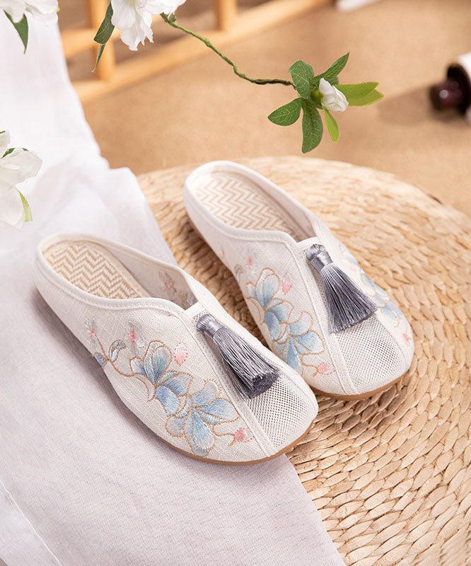 White Flat Slide Sandals Linen Fabric Chic Embroidery Tassel