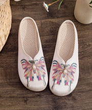 White Flat Slide Sandals Women Cotton Fabric Soft Splicing Embroideried