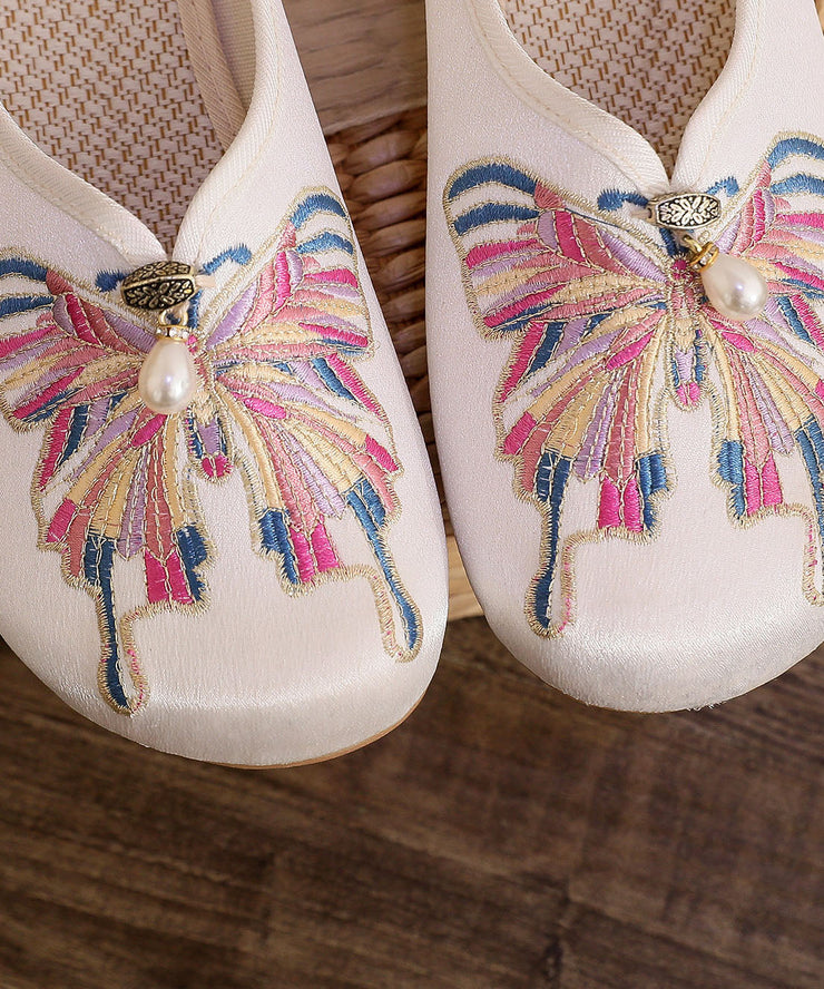 White Flat Slide Sandals Women Cotton Fabric Soft Splicing Embroideried