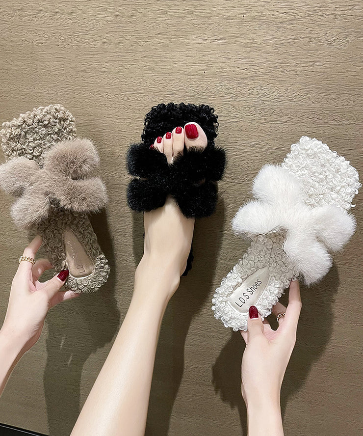 White Fuzzy Fur Stylish Splicing Slide Sandals Peep Toe