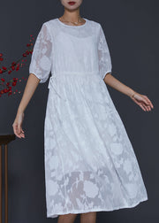 White Jacquard Chiffon Holiday Dress Draping Summer