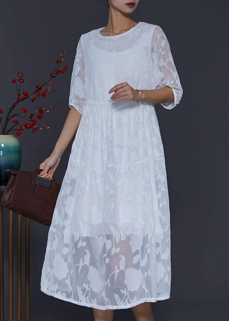 White Jacquard Chiffon Holiday Dress Draping Summer